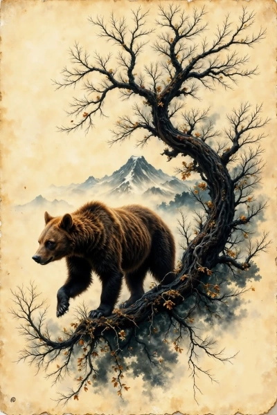 AI-generated sumi-e style bear walking across a curved branch with mountains in the background