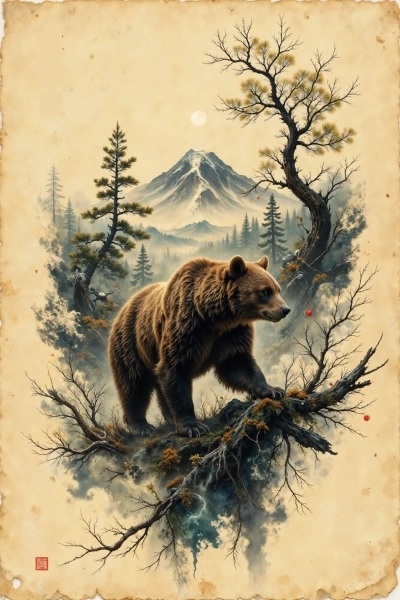 Bear walking beneath moonlit pines in sumi-e style with mountains in the background