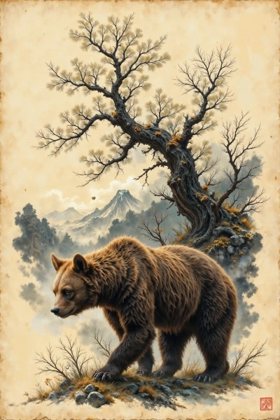 Bear walking down a rocky slope beneath a leaning pine tree, with mountains and fog in sumi-e style