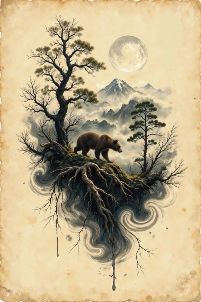 Sumi-e style bear standing in a mountain clearing with pine trees and misty background