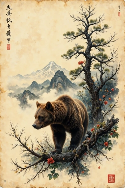 Bear walking on tree roots with swirling mist and full moon in sumi-e ink style