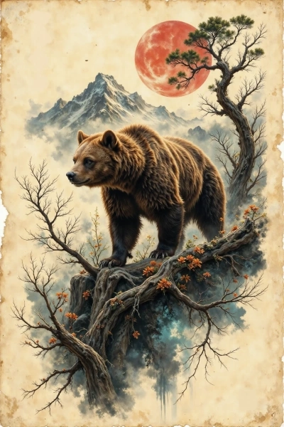 Sumi-e bear standing in foggy mountain landscape with pine trees and atmospheric background