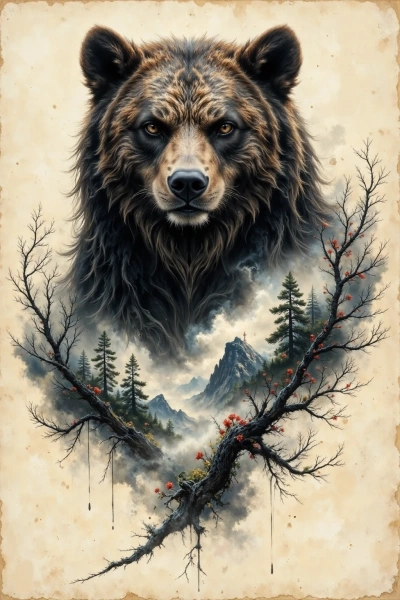 Bear walking under a twisted tree with a red moon and mountains in Japanese sumi-e style