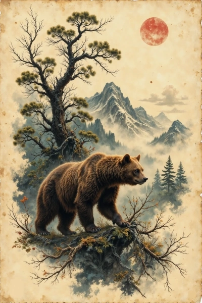 Bear walking between arching tree branches over foggy landscape in sumi-e style