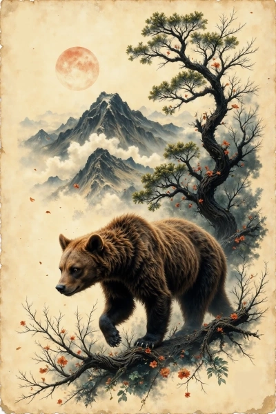 Bear crossing a curved fallen tree over a misty chasm in sumi-e ink style