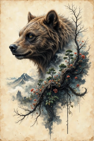 Bear standing on cracked rocky ledge with full moon and mist in sumi-e style