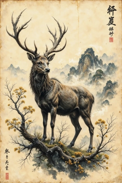 AI tattoo sketch of a majestic deer in sumi-e ink style standing on a cliff — deer tattoo reference.