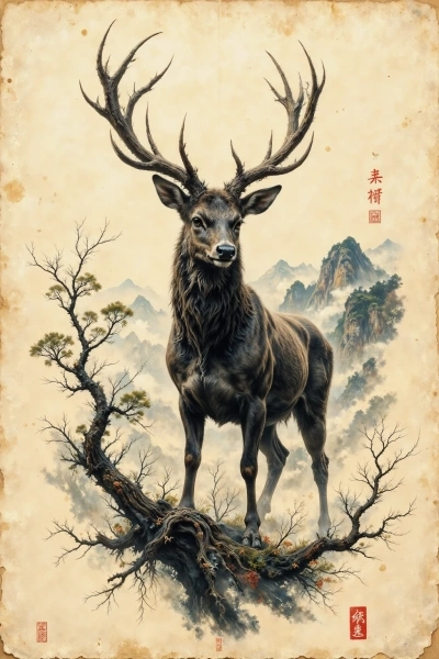 AI tattoo sketch of a deer in a moonlit pine forest in Japanese ink style