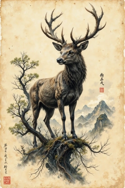AI tattoo sketch of a deer on a mountain ridge in sumi-e ink style