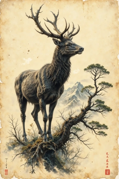 ai tattoo sketch of a deer standing among curved pine trees in ink style