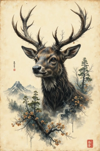 ai tattoo sketch of a deer walking above flowering branches in sumi-e ink style