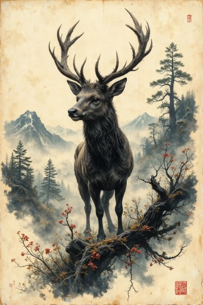 ai tattoo sketch of a deer walking under crimson moon with fog and trees