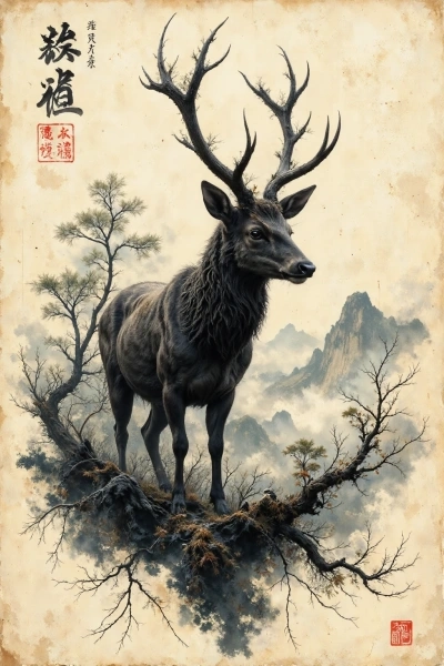 ai tattoo sketch of a standing deer surrounded by pine branches and mountains