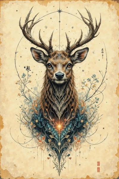 ai tattoo sketch of a deer walking on a mountain slope with wind-blown trees
