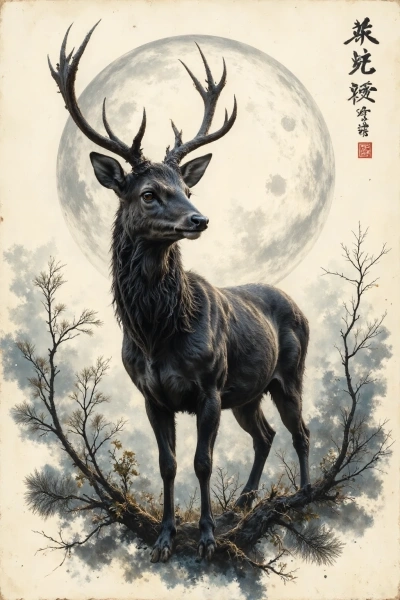 ai tattoo sketch of a deer standing in wind among twisted trees and clouds