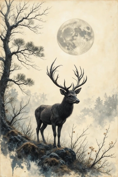 ai tattoo sketch of a deer standing on a ridge in a quiet twilight landscape