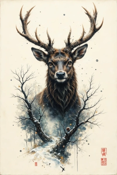 AI tattoo sketch of a deer head with antlers in a winter forest – detailed ink-style composition for tattoo inspiration