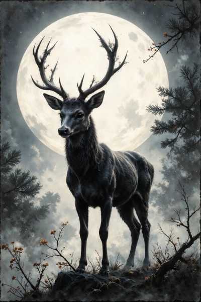 ai tattoo sketch of a stag under a full moon with fantasy forest atmosphere