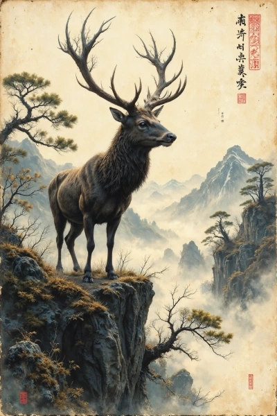 ai tattoo sketch of a stag on a distant ridge with clouds and minimal composition