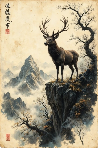 ai tattoo sketch of a stag standing among wind-bent pines on a rocky slope