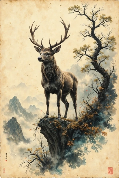 ai tattoo sketch of a deer under a blossoming tree with petals and mountains