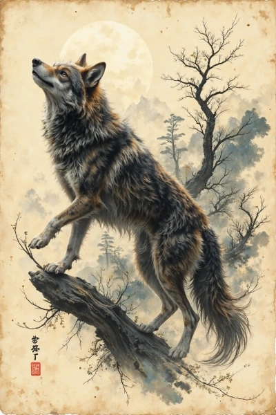 Ink illustration of a wolf under a full moon in Japanese sumi-e style