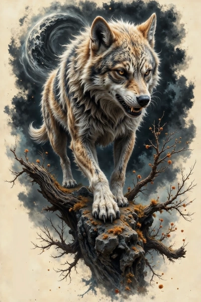 Aggressive wolf ink illustration with stormy sumi-e background
