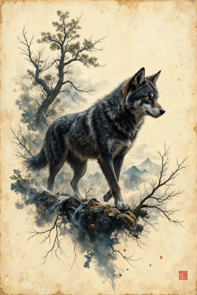 Ink-style illustration of a wolf on a mountain ridge in Japanese sumi-e