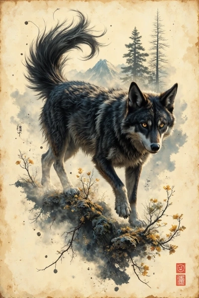 Ink drawing of a stalking wolf in Japanese sumi-e with autumn trees
