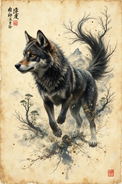 Dynamic ink sketch of a jumping wolf in sumi-e style