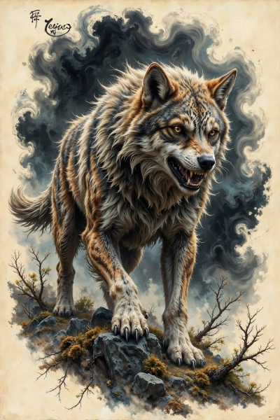 Aggressive wolf in ink storm clouds, Japanese sumi-e style