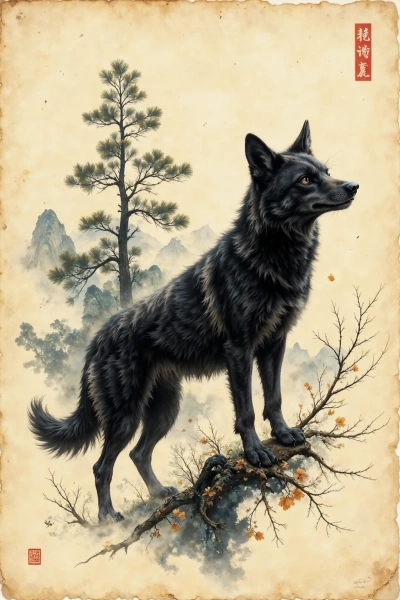 Black wolf standing on a branch among pine trees in sumi-e style