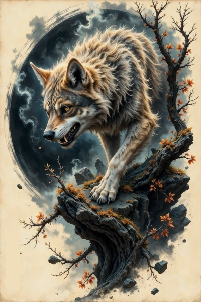 Aggressive wolf snarling in front of a black crescent and swirling ink background