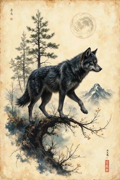 Dark wolf walking under full moon in a mountainous Japanese ink landscape