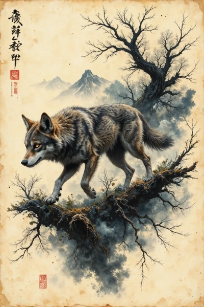 Watchful wolf walking across high branch in Japanese-style tattoo art