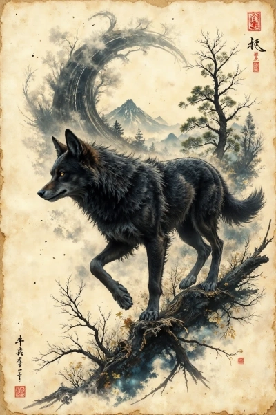 Lone wolf before ink spiral with distant mountains in sumi-e inspired composition